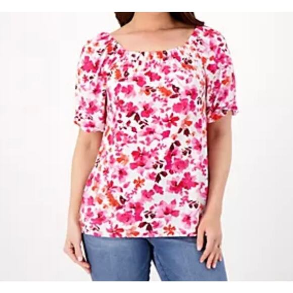 Susan Graver Floral Printed Liquid Knit Square-Neck Peasant Top Pink Size 2X - Picture 1 of 10